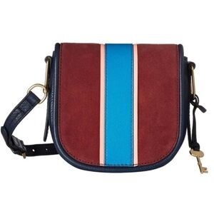 Fossil Rumi blue Cabernet striped suede leather flap crossbody‎ bag small